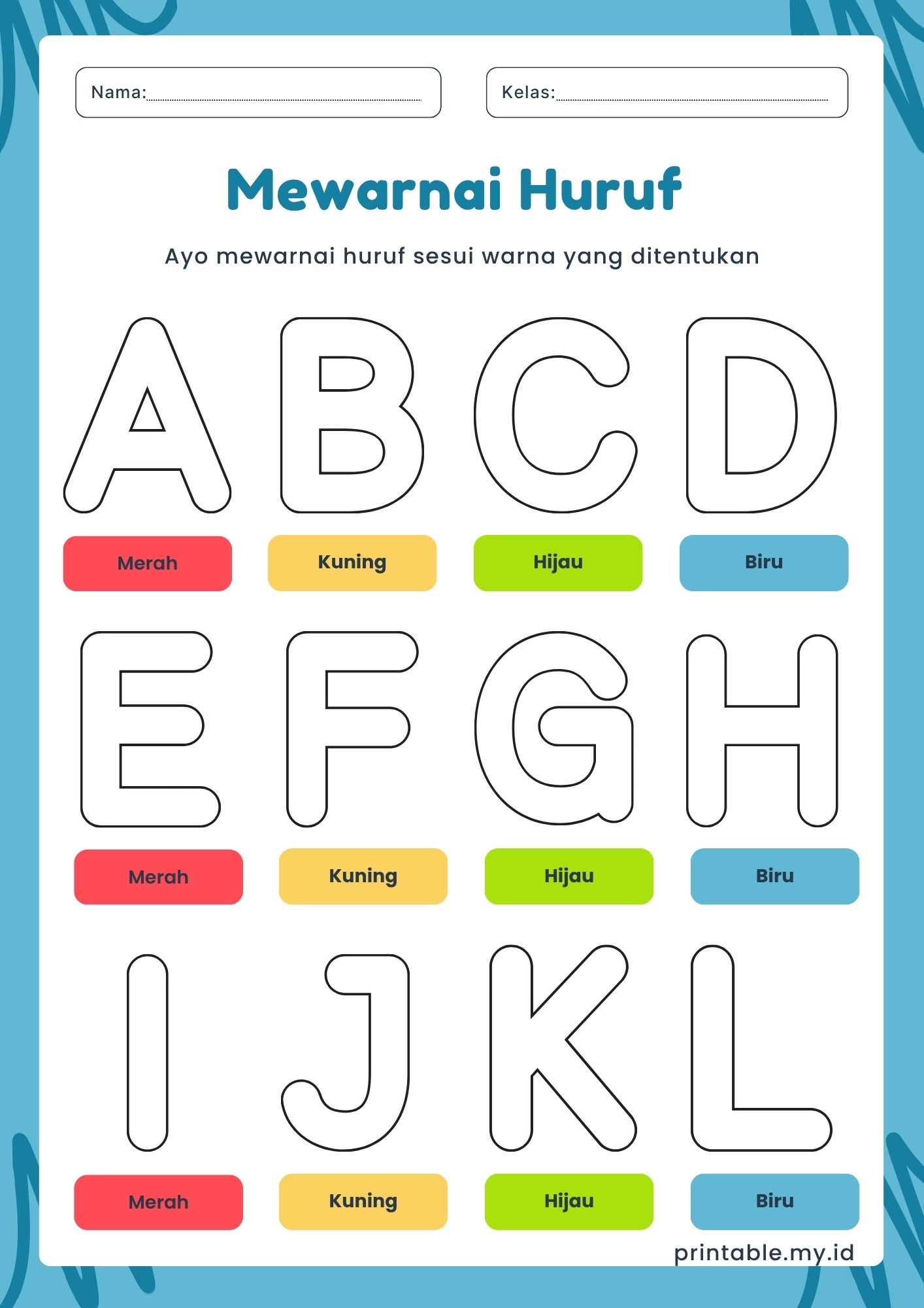 Worksheet mewarnai huruf A dan gambar apel untuk anak PAUD