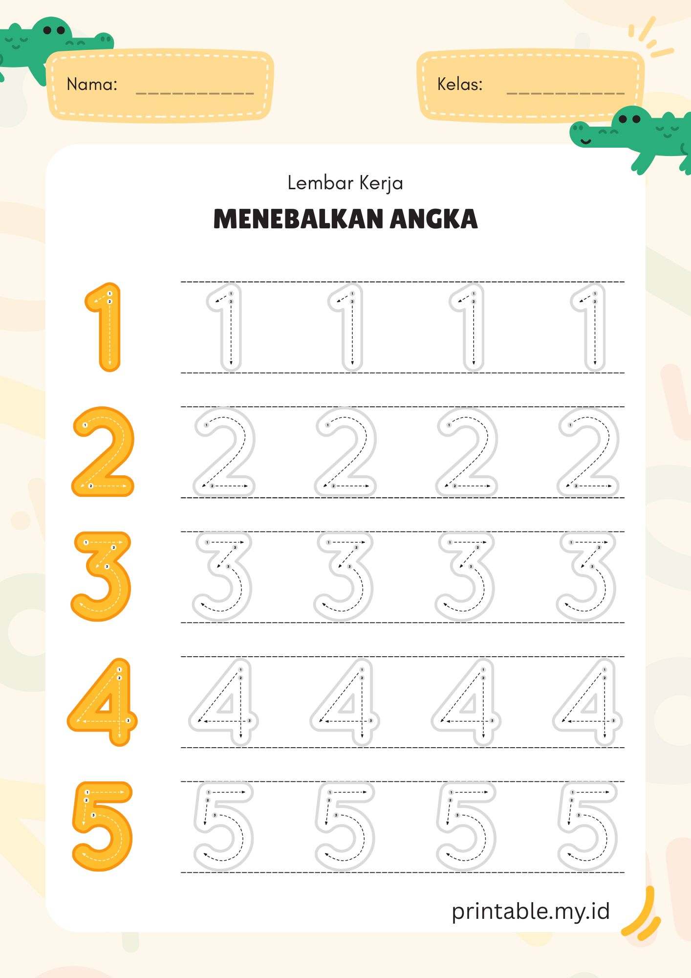 Lembar kerja anak untuk belajar menulis angka dari 1 hingga 10