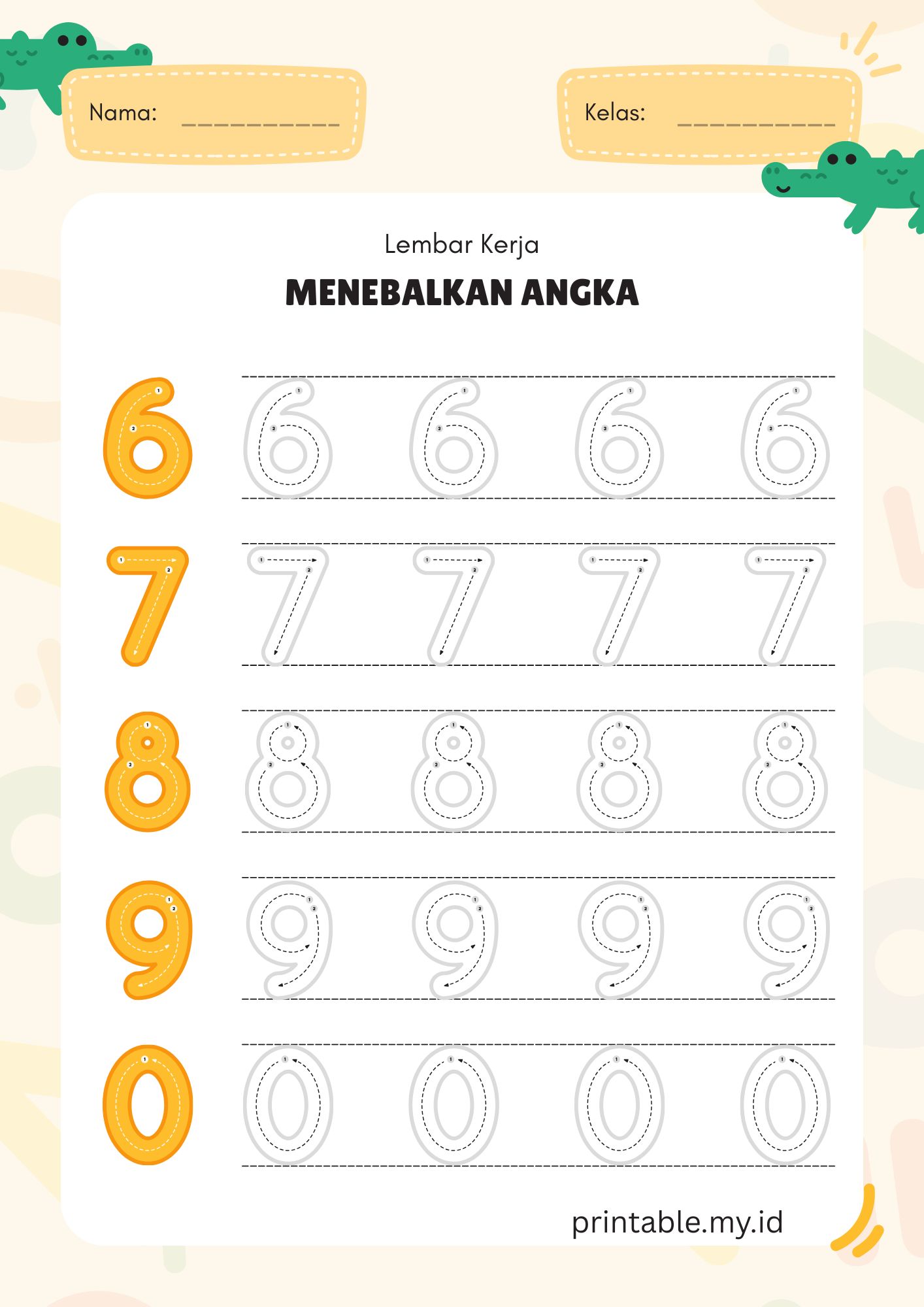 Latihan menulis angka dengan panduan titik-titik untuk anak-anak