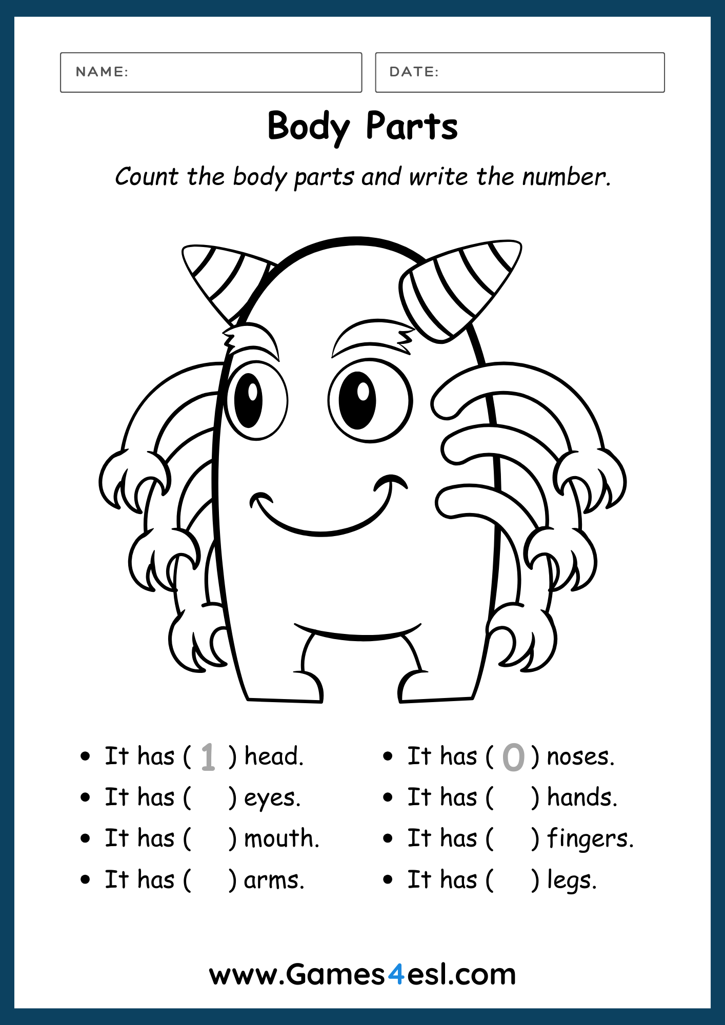 Free Body Parts Worksheets For Kids And Beginner ESL Students Games4esl