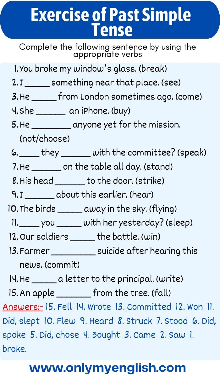 Simple Past Tense Exercise With Answer Onlymyenglish