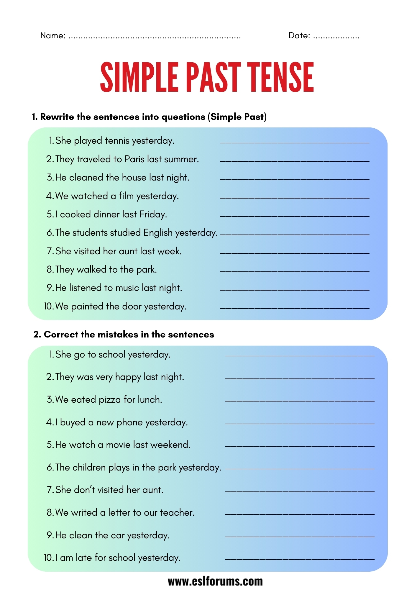 Simple Past Tense Worksheets And Exercises ESL Forums